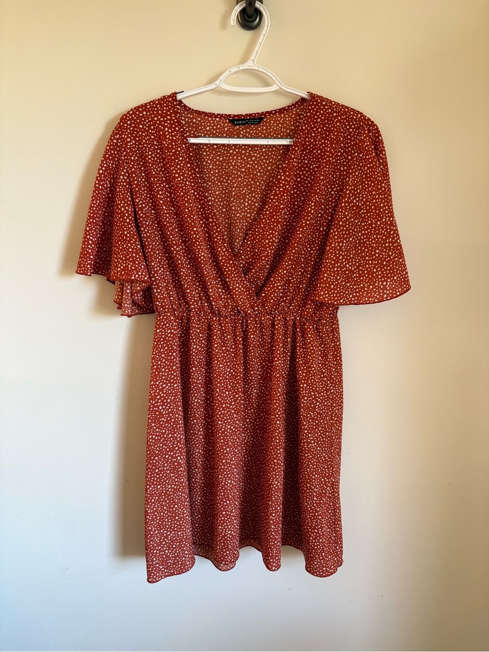 Rust Red Polka Dot Wrap Dress - Women Large, Flattering Autumn Flowy Short Dress